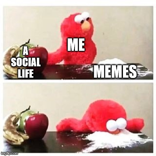 Ok maybe not entirely true but ya know | A SOCIAL LIFE; ME; MEMES | image tagged in elmo cocaine,memes,social life | made w/ Imgflip meme maker