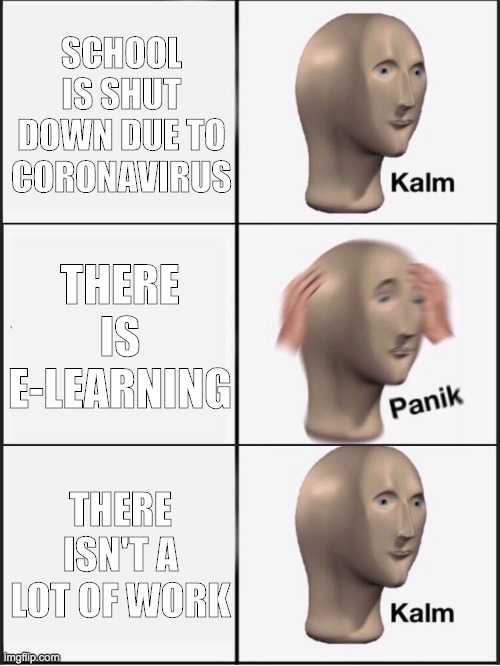 kalm panik kalm | SCHOOL IS SHUT DOWN DUE TO CORONAVIRUS; THERE IS E-LEARNING; THERE ISN'T A LOT OF WORK | image tagged in kalm panik kalm | made w/ Imgflip meme maker