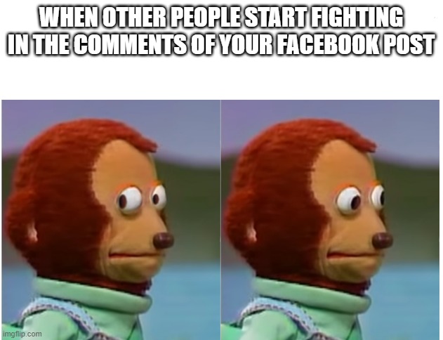 Facebook fights | WHEN OTHER PEOPLE START FIGHTING IN THE COMMENTS OF YOUR FACEBOOK POST | image tagged in monkey puppet looking away good quality | made w/ Imgflip meme maker