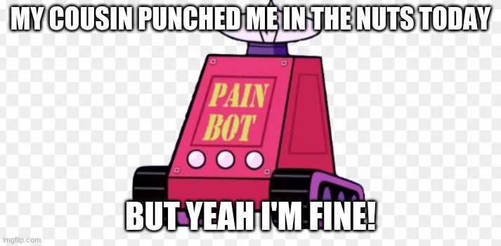 all i know is pain right now! | MY COUSIN PUNCHED ME IN THE NUTS TODAY; BUT YEAH I'M FINE! | image tagged in pain bot,teen titans go,ouch,cousins,my nuts | made w/ Imgflip meme maker