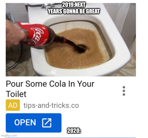 Cola toilet | 2019:NEXT YEARS GONNA BE GREAT; 2020: | image tagged in stupid,ads,why,toilet | made w/ Imgflip meme maker
