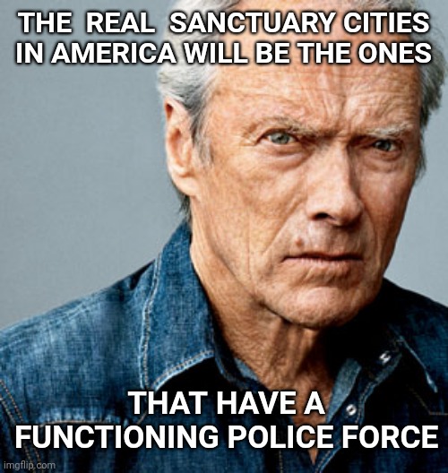 Flip the script. | THE  REAL  SANCTUARY CITIES IN AMERICA WILL BE THE ONES; THAT HAVE A FUNCTIONING POLICE FORCE | image tagged in clint eastwood,police,sanctuary cities,ConservativeMemes | made w/ Imgflip meme maker