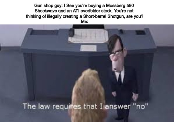the law requires that i answer no | Gun shop guy: I See you're buying a Mossberg 590 
Shockwave and an ATI overfolder stock. You're not 
thinking of illegally creating a Short-barrel Shotgun, are you?
Me: | image tagged in the law requires that i answer no | made w/ Imgflip meme maker