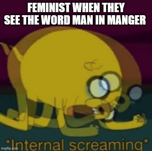 Jake The Dog Internal Screaming | FEMINIST WHEN THEY SEE THE WORD MAN IN MANGER | image tagged in jake the dog internal screaming | made w/ Imgflip meme maker