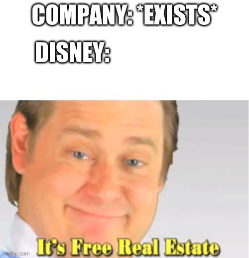 all right all right this is my last disney meme | DISNEY:; COMPANY: *EXISTS* | image tagged in it's free real estate | made w/ Imgflip meme maker