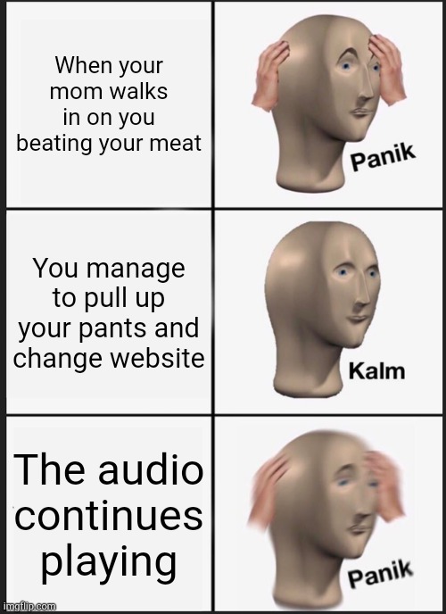 Panik Kalm Panik | When your mom walks in on you beating your meat; You manage to pull up your pants and change website; The audio continues playing | image tagged in memes,panik kalm panik | made w/ Imgflip meme maker
