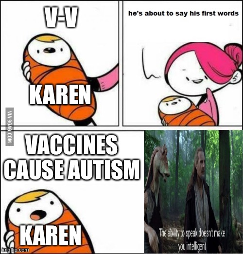 hmmmmmm | V-V; KAREN; VACCINES CAUSE AUTISM; KAREN | image tagged in he is about to say his first words,gifs | made w/ Imgflip meme maker