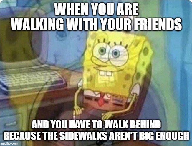 spongebob screaming inside | WHEN YOU ARE WALKING WITH YOUR FRIENDS; AND YOU HAVE TO WALK BEHIND BECAUSE THE SIDEWALKS AREN'T BIG ENOUGH | image tagged in spongebob screaming inside | made w/ Imgflip meme maker