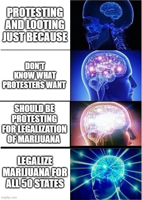 Expanding Brain | PROTESTING AND LOOTING JUST BECAUSE; DON'T KNOW WHAT PROTESTERS WANT; SHOULD BE PROTESTING FOR LEGALIZATION OF MARIJUANA; LEGALIZE MARIJUANA FOR ALL 50 STATES | image tagged in memes,expanding brain | made w/ Imgflip meme maker