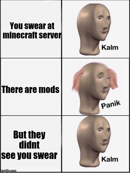 Kalm panik kalm | You swear at minecraft server; There are mods; But they didnt see you swear | image tagged in kalm panik kalm,minecraft,gaming | made w/ Imgflip meme maker