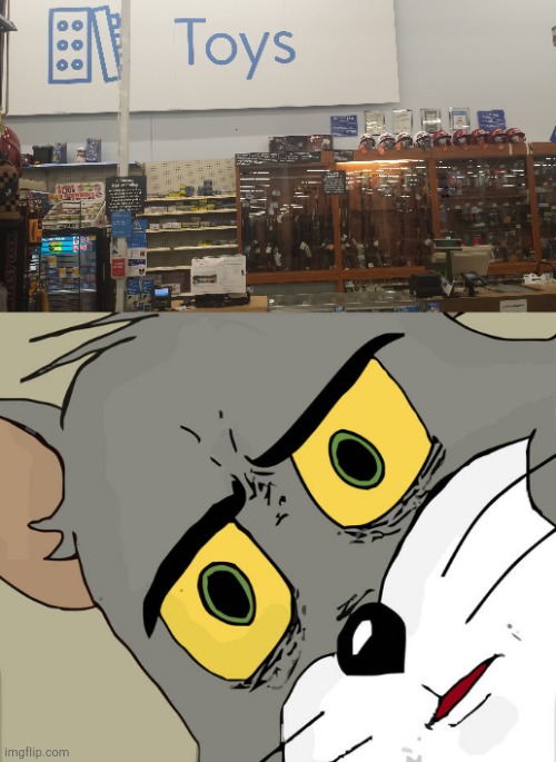 And yes... those are guns... in the toy department | image tagged in memes,unsettled tom | made w/ Imgflip meme maker