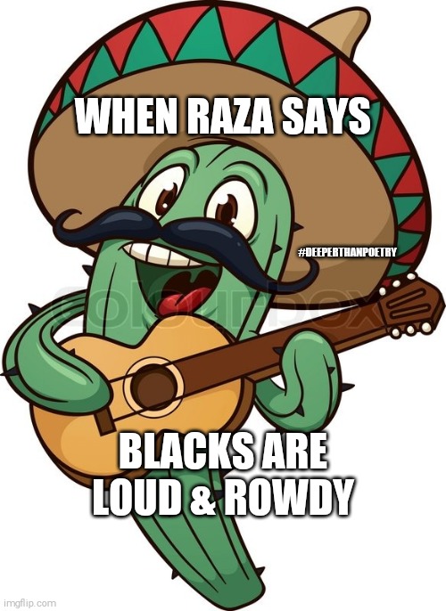 #blacks are #loud | WHEN RAZA SAYS; #DEEPERTHANPOETRY; BLACKS ARE LOUD & ROWDY | image tagged in singing mexican cactus,mexican,racism,prejudice,disrespect,rude | made w/ Imgflip meme maker
