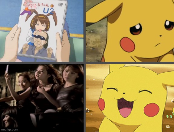Weirdness vs. Goodness | image tagged in sad pikachu happy pikachu,suzumiya haruhi no u2,kpop,k-pop,x vs y,memes | made w/ Imgflip meme maker