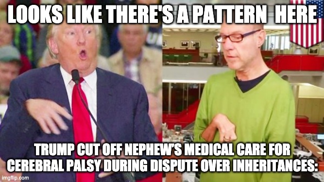 LOOKS LIKE THERE'S A PATTERN  HERE; TRUMP CUT OFF NEPHEW’S MEDICAL CARE FOR CEREBRAL PALSY DURING DISPUTE OVER INHERITANCES: | made w/ Imgflip meme maker