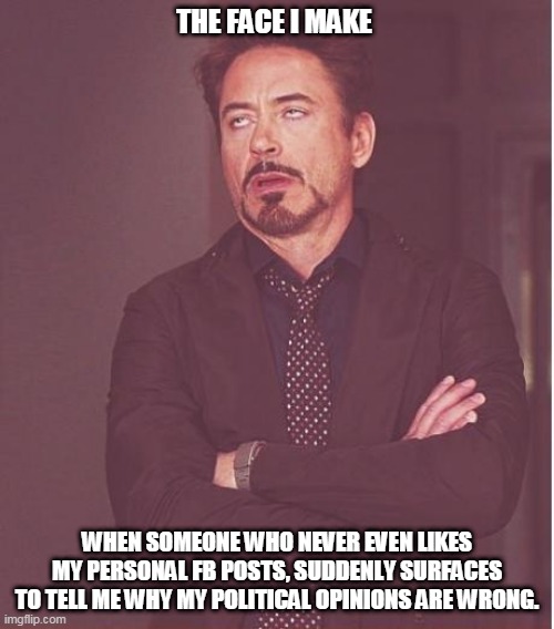 Face You Make Robert Downey Jr | THE FACE I MAKE; WHEN SOMEONE WHO NEVER EVEN LIKES MY PERSONAL FB POSTS, SUDDENLY SURFACES TO TELL ME WHY MY POLITICAL OPINIONS ARE WRONG. | image tagged in memes,face you make robert downey jr | made w/ Imgflip meme maker