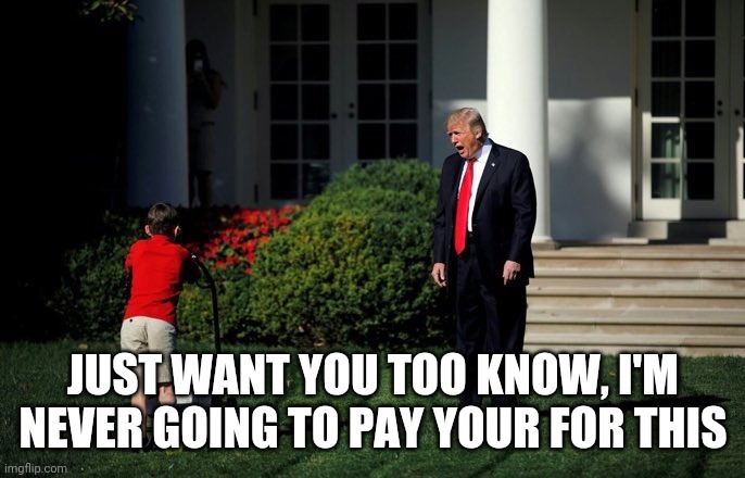 Trump Lawn Mower | JUST WANT YOU TOO KNOW, I'M NEVER GOING TO PAY YOUR FOR THIS | image tagged in trump lawn mower | made w/ Imgflip meme maker