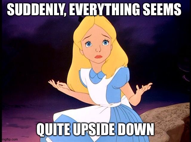Alice in Wonderland |  SUDDENLY, EVERYTHING SEEMS; QUITE UPSIDE DOWN | image tagged in alice in wonderland | made w/ Imgflip meme maker