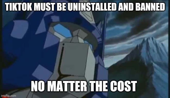 Transformers | TIKTOK MUST BE UNINSTALLED AND BANNED; NO MATTER THE COST | image tagged in transformers | made w/ Imgflip meme maker
