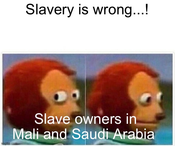 Monkey Puppet | Slavery is wrong...! Slave owners in Mali and Saudi Arabia | image tagged in memes,monkey puppet | made w/ Imgflip meme maker
