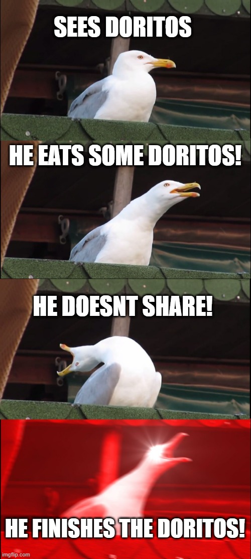 Inhaling Seagull | SEES DORITOS; HE EATS SOME DORITOS! HE DOESNT SHARE! HE FINISHES THE DORITOS! | image tagged in memes,inhaling seagull | made w/ Imgflip meme maker