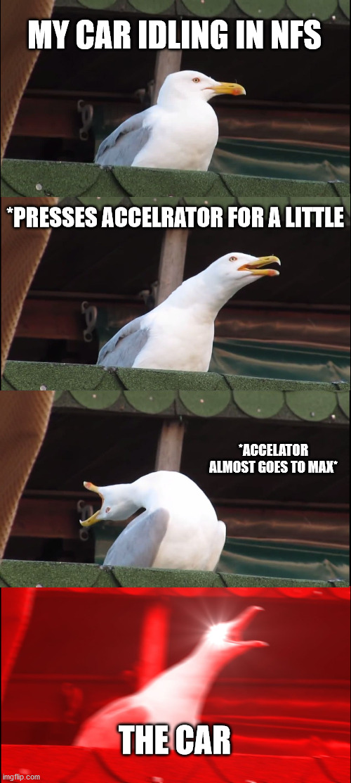 Inhaling Seagull | MY CAR IDLING IN NFS; *PRESSES ACCELRATOR FOR A LITTLE; *ACCELATOR ALMOST GOES TO MAX*; THE CAR | image tagged in memes,inhaling seagull | made w/ Imgflip meme maker