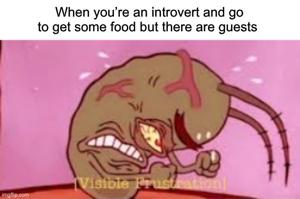Kitchen guests | When you’re an introvert and go to get some food but there are guests | image tagged in visible frustration,memes,introvert,spongebob,plankton | made w/ Imgflip meme maker