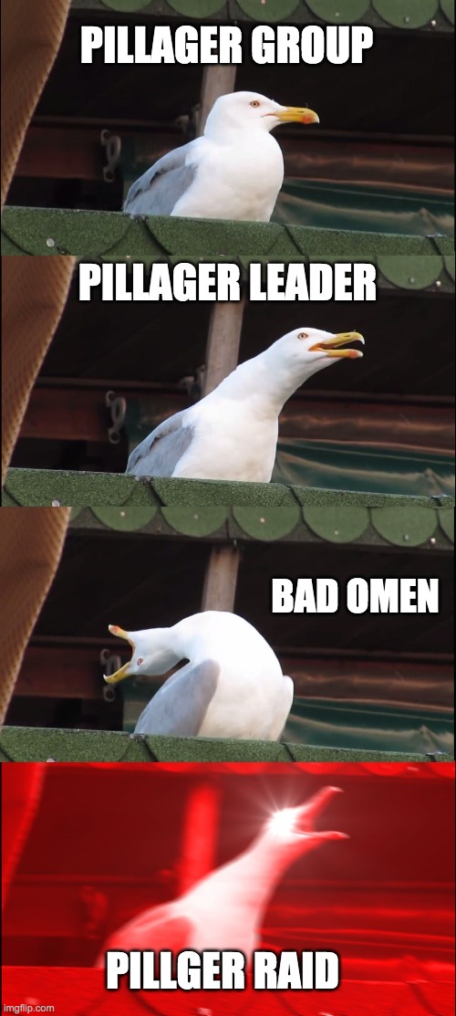 Inhaling Seagull | PILLAGER GROUP; PILLAGER LEADER; BAD OMEN; PILLGER RAID | image tagged in memes,inhaling seagull | made w/ Imgflip meme maker