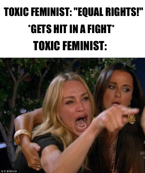 TOXIC FEMINIST: "EQUAL RIGHTS!"; *GETS HIT IN A FIGHT*; TOXIC FEMINIST: | image tagged in equal rights | made w/ Imgflip meme maker
