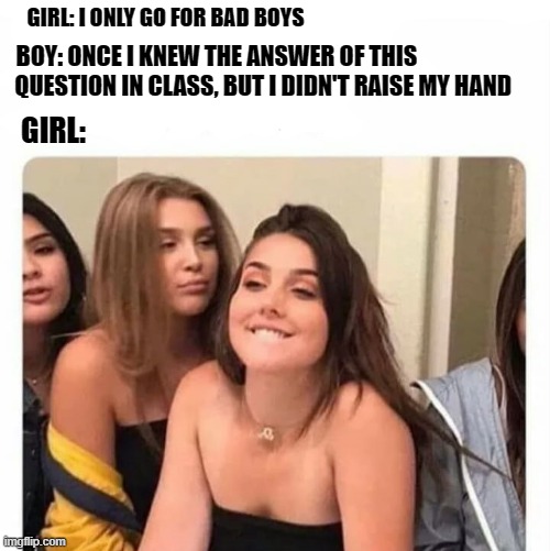 horny girl | GIRL: I ONLY GO FOR BAD BOYS; BOY: ONCE I KNEW THE ANSWER OF THIS                   
 QUESTION IN CLASS, BUT I DIDN'T RAISE MY HAND; GIRL: | image tagged in horny girl,bad boys,funny,class | made w/ Imgflip meme maker