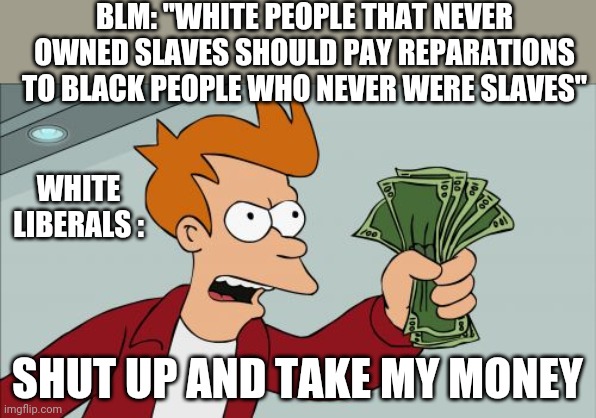 Shut Up And Take My Money Fry | BLM: "WHITE PEOPLE THAT NEVER OWNED SLAVES SHOULD PAY REPARATIONS TO BLACK PEOPLE WHO NEVER WERE SLAVES"; WHITE LIBERALS :; SHUT UP AND TAKE MY MONEY | image tagged in memes,shut up and take my money fry | made w/ Imgflip meme maker
