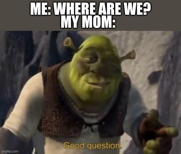 Getting lost on a road trip be like | ME: WHERE ARE WE? MY MOM: | image tagged in shrek good question | made w/ Imgflip meme maker