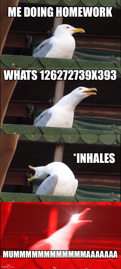 Inhaling Seagull | ME DOING HOMEWORK; WHATS 126272739X393; *INHALES; MUMMMMMMMMMMMMAAAAAAA | image tagged in memes,inhaling seagull | made w/ Imgflip meme maker