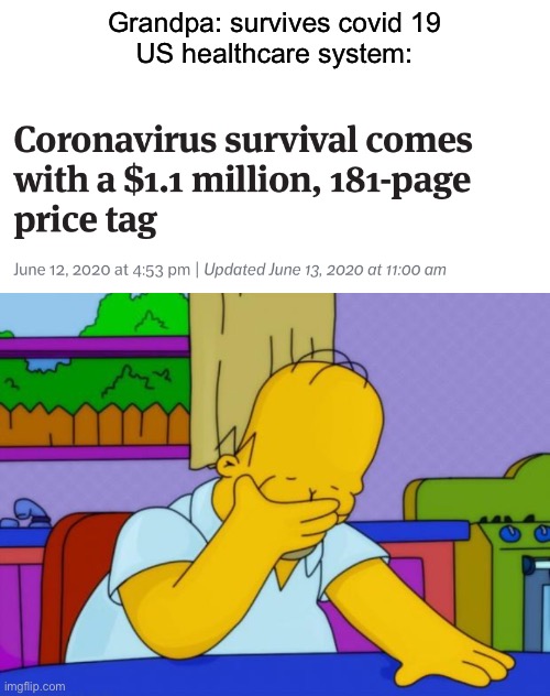 US “healthcare system” in a nutshell | Grandpa: survives covid 19
US healthcare system: | image tagged in smh homer,healthcare,usa,medicare,covid-19 | made w/ Imgflip meme maker