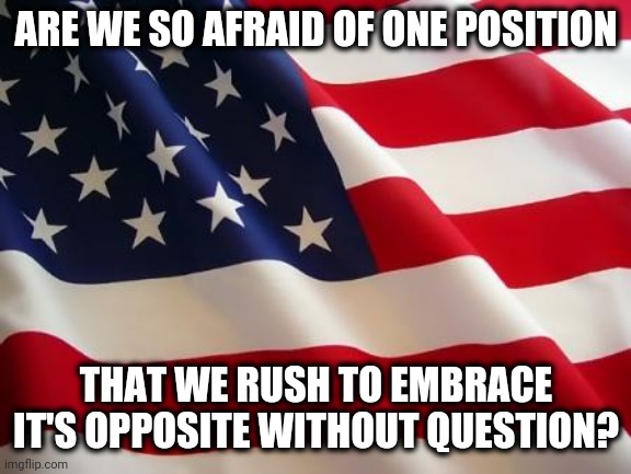 Pick an issue, and remember this when you vote. | ARE WE SO AFRAID OF ONE POSITION; THAT WE RUSH TO EMBRACE IT'S OPPOSITE WITHOUT QUESTION? | image tagged in american flag | made w/ Imgflip meme maker