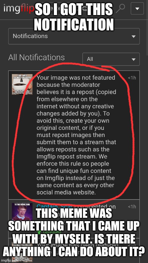 SO I GOT THIS NOTIFICATION; THIS MEME WAS SOMETHING THAT I CAME UP WITH BY MYSELF. IS THERE ANYTHING I CAN DO ABOUT IT? | image tagged in imgflip mods,imgflip | made w/ Imgflip meme maker