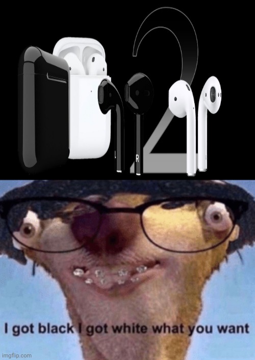 The black airpods and white airpods | image tagged in i got black i got white what ya want,airpods,funny,memes,meme,black and white | made w/ Imgflip meme maker