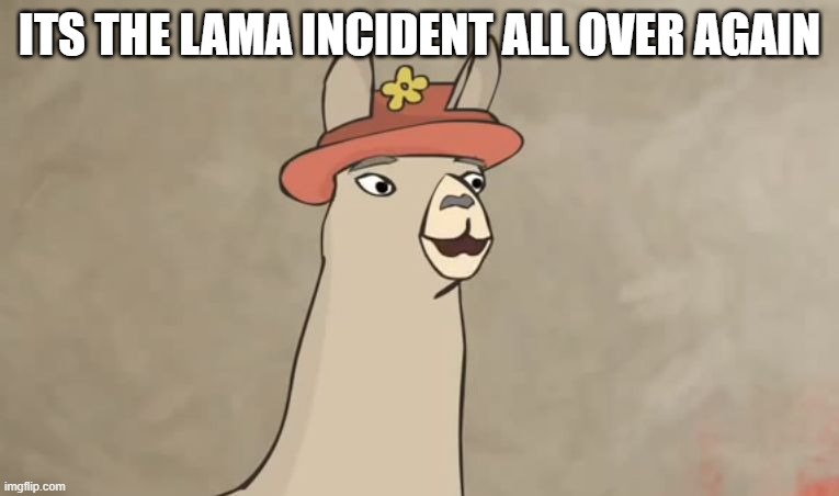 I bet you no one will understand this | IT'S THE LAMA INCIDENT ALL OVER AGAIN | image tagged in llamas with hats | made w/ Imgflip meme maker