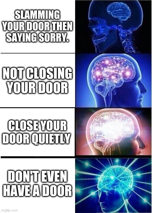 Moms mad | SLAMMING YOUR DOOR THEN SAYING SORRY. NOT CLOSING YOUR DOOR; CLOSE YOUR DOOR QUIETLY; DON'T EVEN HAVE A DOOR | image tagged in memes,expanding brain,mom,relatable,door,bruh | made w/ Imgflip meme maker