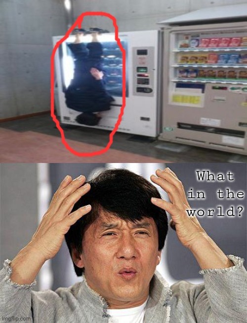 Hold up: the guy is on the vending machine | What in the world? | image tagged in jackie chan what the,vending machine,memes,meme,funny,hold up | made w/ Imgflip meme maker