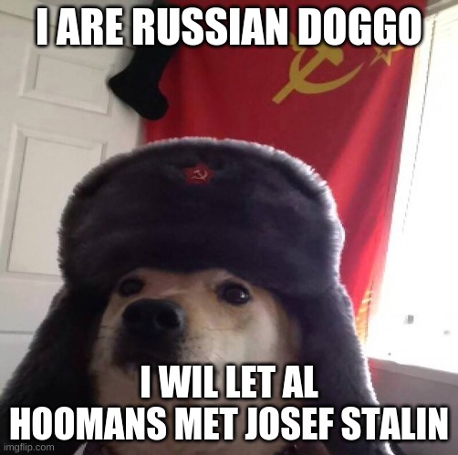 Russian Doggo Cyka Blyat | I ARE RUSSIAN DOGGO; I WIL LET AL HOOMANS MET JOSEF STALIN | image tagged in russian doggo cyka blyat | made w/ Imgflip meme maker