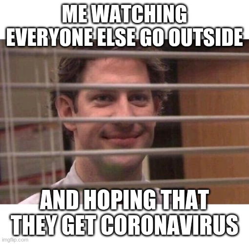 Hol' up | ME WATCHING EVERYONE ELSE GO OUTSIDE; AND HOPING THAT THEY GET CORONAVIRUS | image tagged in jim office blinds | made w/ Imgflip meme maker