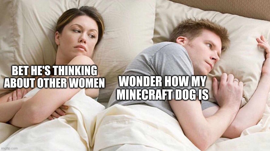 me | WONDER HOW MY MINECRAFT DOG IS; BET HE'S THINKING ABOUT OTHER WOMEN | image tagged in i bet he's thinking about other women | made w/ Imgflip meme maker
