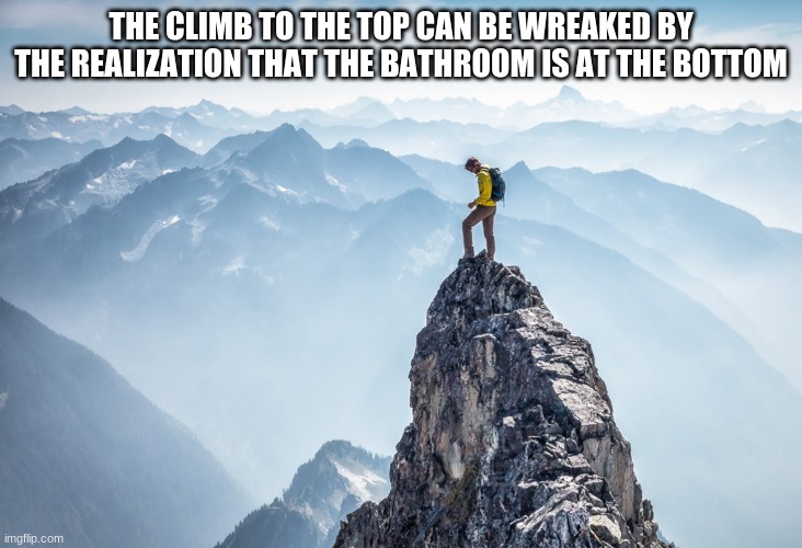 Failure to plan ahead | THE CLIMB TO THE TOP CAN BE WREAKED BY THE REALIZATION THAT THE BATHROOM IS AT THE BOTTOM | image tagged in mountain top,failure to plan ahead,the climb to the top,mountain climbing,back down i go,karma | made w/ Imgflip meme maker