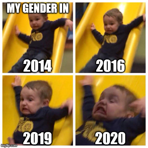 My gender through the years | MY GENDER IN; 2014; 2016; 2019; 2020 | image tagged in kid falling down slide,trans,gender | made w/ Imgflip meme maker