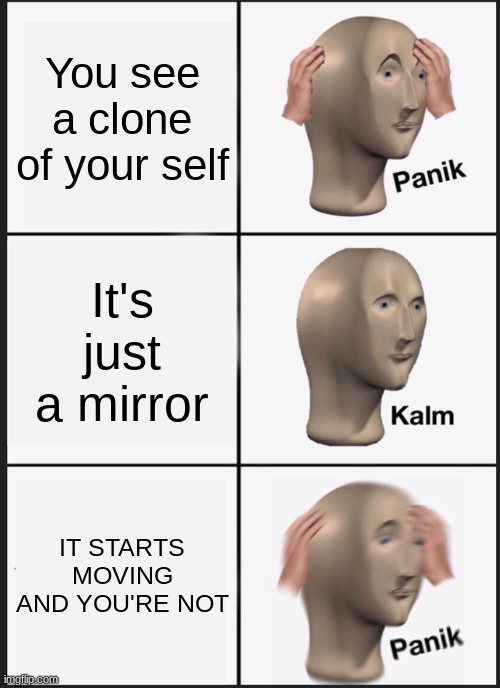 Panik Kalm Panik Meme | You see a clone of your self; It's just a mirror; IT STARTS MOVING AND YOU'RE NOT | image tagged in memes,panik kalm panik | made w/ Imgflip meme maker