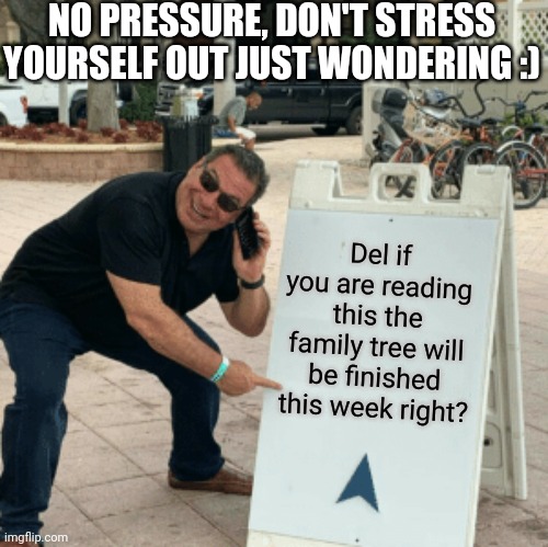 Phil Swift pointing at sign | NO PRESSURE, DON'T STRESS YOURSELF OUT JUST WONDERING :); Del if you are reading this the family tree will be finished this week right? | image tagged in phil swift pointing at sign | made w/ Imgflip meme maker