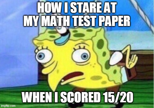 Mocking Spongebob | HOW I STARE AT MY MATH TEST PAPER; WHEN I SCORED 15/20 | image tagged in memes,mocking spongebob | made w/ Imgflip meme maker