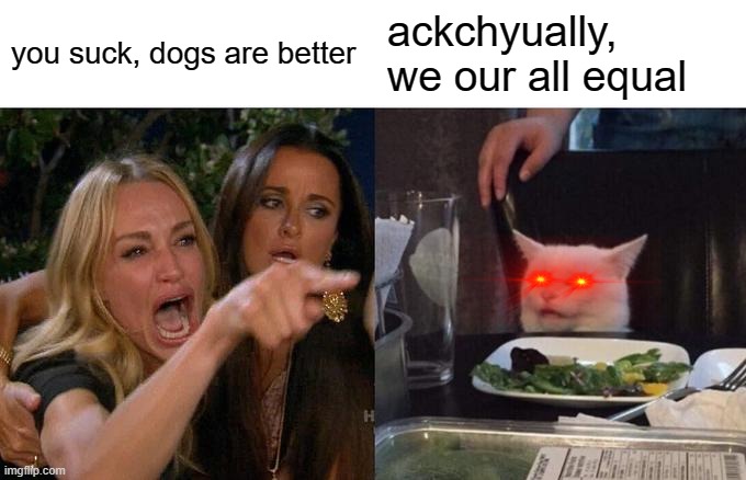 Woman Yelling At Cat | you suck, dogs are better; ackchyually, we our all equal | image tagged in memes,woman yelling at cat | made w/ Imgflip meme maker