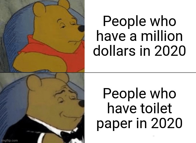 Tuxedo Winnie The Pooh | People who have a million dollars in 2020; People who have toilet paper in 2020 | image tagged in memes,tuxedo winnie the pooh | made w/ Imgflip meme maker