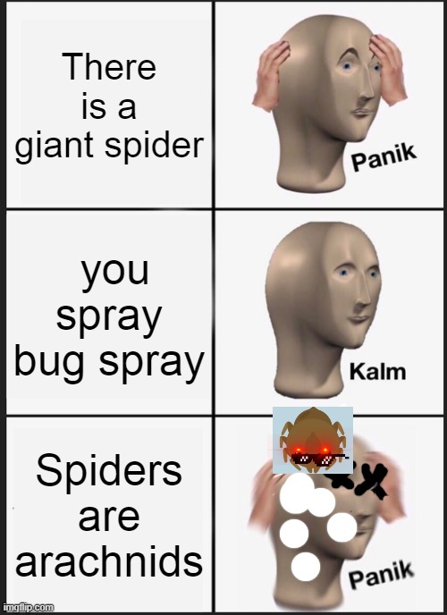 Panik Kalm Panik Meme | There is a giant spider; you spray bug spray; Spiders are arachnids | image tagged in memes,panik kalm panik | made w/ Imgflip meme maker